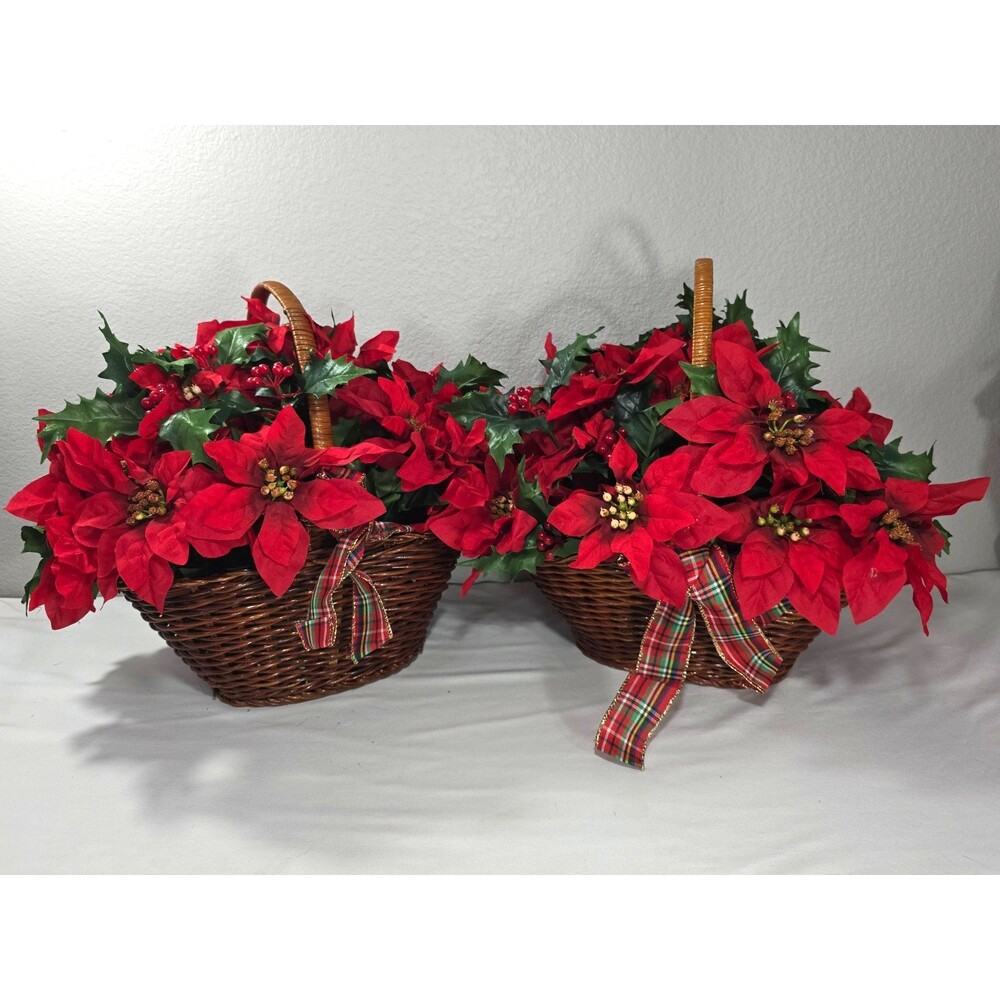 2 Poinsettia Silk Faux Wicker Baskets With Handle Christmas Table Decor Vintage